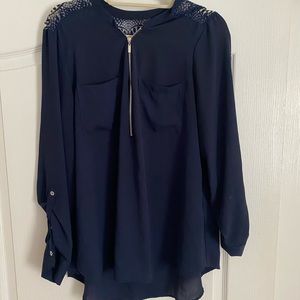 Zip up navy blue blouse